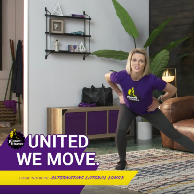 at home workout - United We Move home work-ins. woman performing lateral lunge